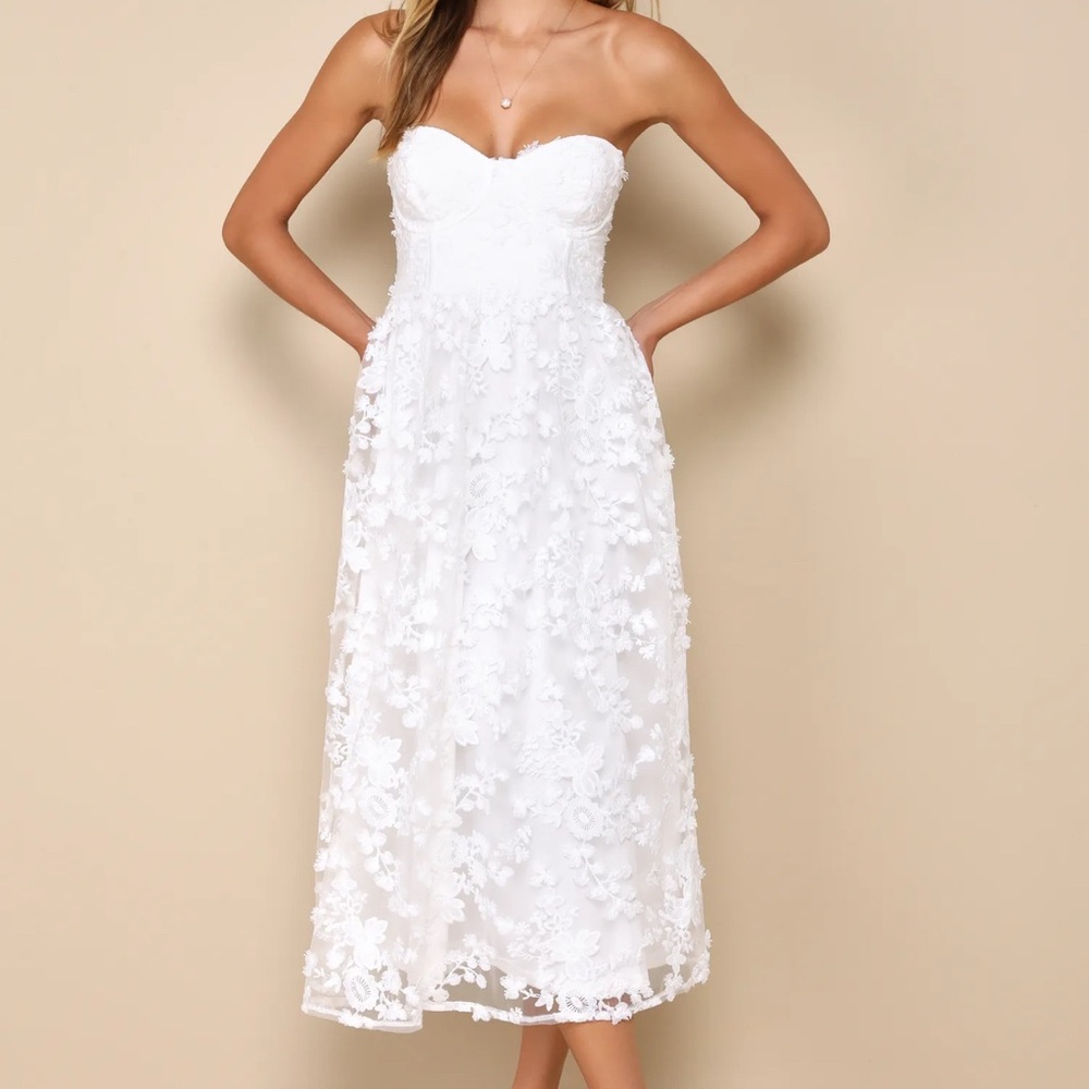 Lulus Quite Perfect White Floral Embroidered Strapless Midi Dress